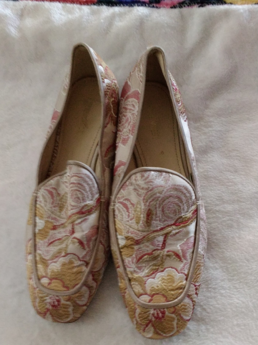 Nine West Floral Embroidered Loafers - Pink, Gold & Cream